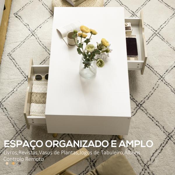 Mesa de Centro Retangular com 2 Gavetas e Compartimentos Abertos Estilo Nórdico 106x58x39,5cm Branco e Madeira