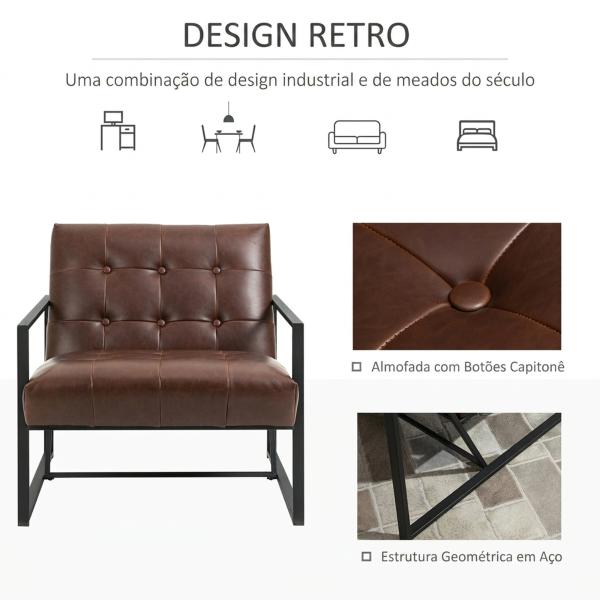 Cadeirão Chesterfield para Sala ou Escritório, Assento e Encosto Capitoné, Estrutura em Metal Preto, Pele Sintética Chocolate