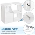 Móvel para Lavatório Pousar Suspenso com 2 Prateleiras Abertas e Armário com Prateleira Ajustável 60x30x54 cm Branco