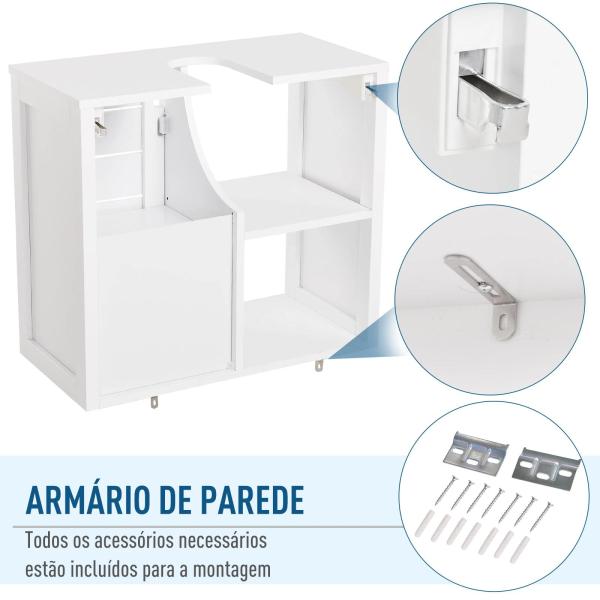 Móvel para Lavatório Pousar Suspenso com 2 Prateleiras Abertas e Armário com Prateleira Ajustável 60x30x54 cm Branco