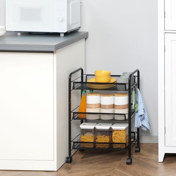 Carrinho de Cozinha em Aço com 3 Cestos e Rodas, Suporta 9 kg, Cozinha, Casa de Banho e Lavandaria 45x26,5x63 cm, Preto