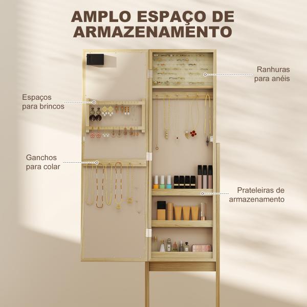 Espelho Joalheiro com Luzes LED Armário para Joias com Ângulo Ajustável Prateleiras Ranuras para Anéis 36x30x136 cm Madeira