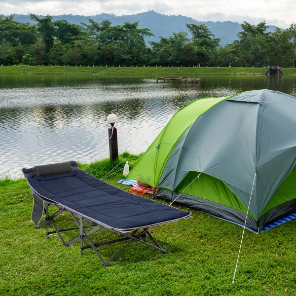 Cama de Campismo Dobrável com Almofada Bolso Lateral e Bolsa de Transporte 188x64,5x53 cm Preto e Azul Escuro