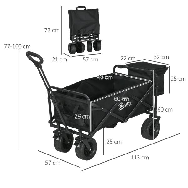 Carrinho de Transporte Dobrável com Bolsa Térmica Removível Capacidade 100 kg para Campismo Praia 113x57x77 - 100 cm Preto