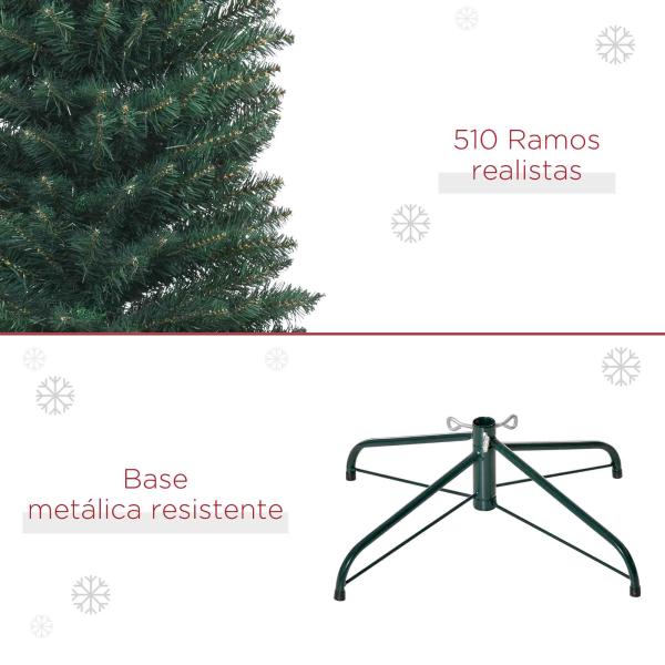 Árvore de Natal Artificial Altura 210cm com 510 Ramos de Folhas de PVC Ignífugos Base Dobrável e Suporte Metálico Verde