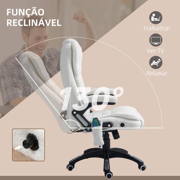 Cadeira de Massagem com 6 Pontos Reclinável até 130° com Função de Aquecimento Tecido em Borrego 67x74x107 - 116 cm Branco