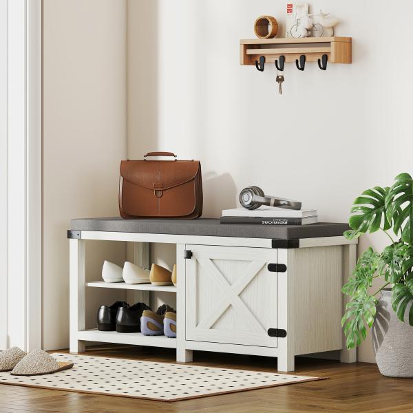 Banco Sapateira Rústico Organizador de Sapatos com Compartimentos para 7 Pares de Sapatos 100x40x48 cm Branco com Veios e Cinza