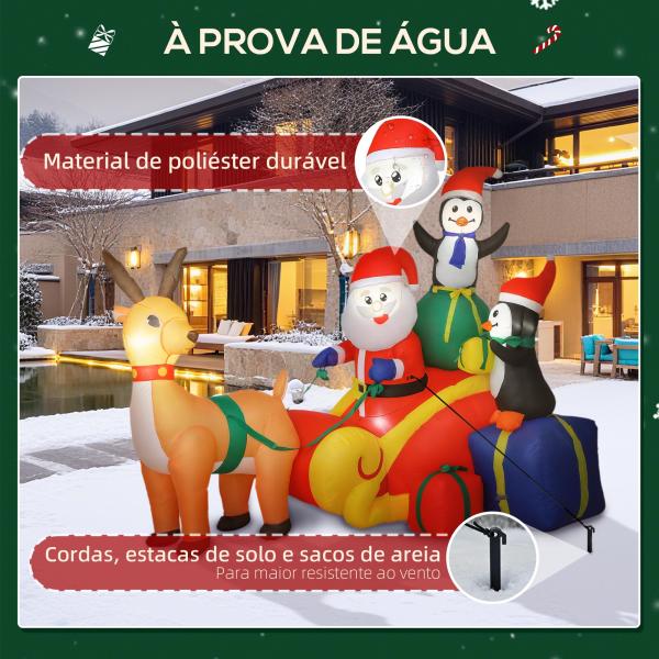Pai Natal Insuflável com Trenó Pinguins e Renas Insufláveis de Natal com Luzes LED Decoração de Natal 180x120x155 cm Multicor