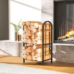 Porta - Lenha Metálico de 2 Níveis com 4 Ferramentas para Lareira e Ganchos 43x30x74 cm Castanho Escuro