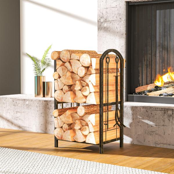 Porta - Lenha Metálico de 2 Níveis com 4 Ferramentas para Lareira e Ganchos 43x30x74 cm Castanho Escuro