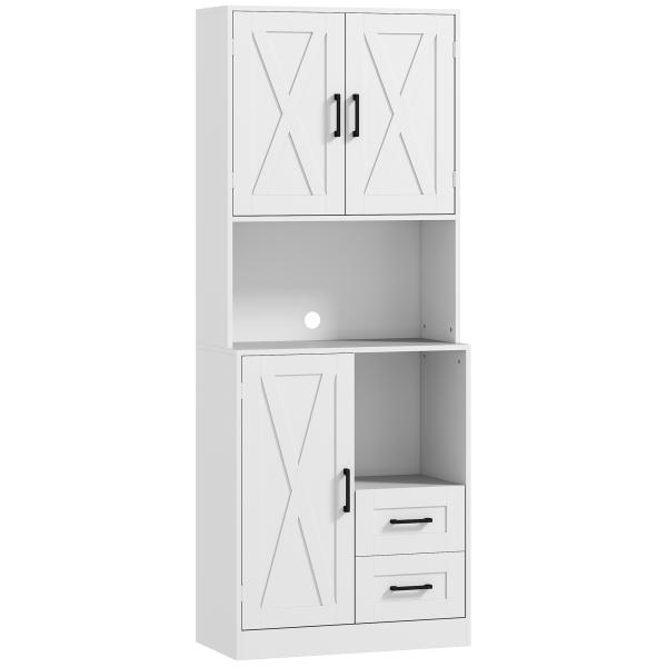 Armário de Cozinha Rústico Armário Alto de Cozinha com Portas Compartimentos Abertos Gavetas e Prateleiras Ajustáveis Anti - Tombo para Sala de Jantar 70x40x180 cm Branco
