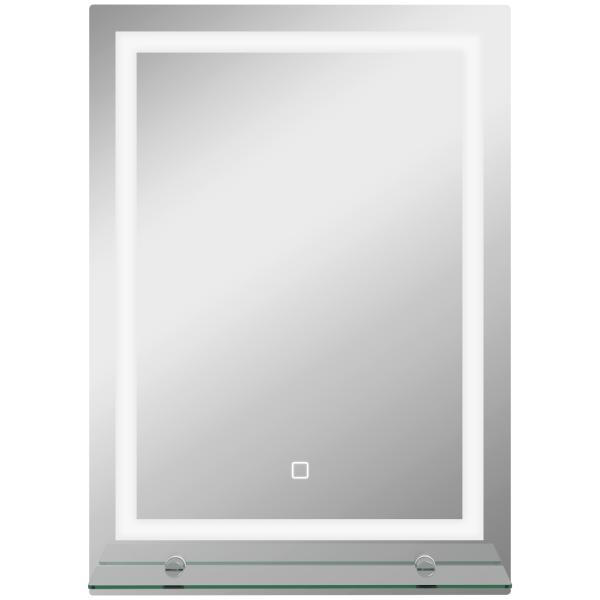 Espelho para Casa de Banho 50x70 cm com Moldura de Alumínio, Luzes LED Interruptor Tátil e Prateleira de Vidro para Casa de Banho Prata
