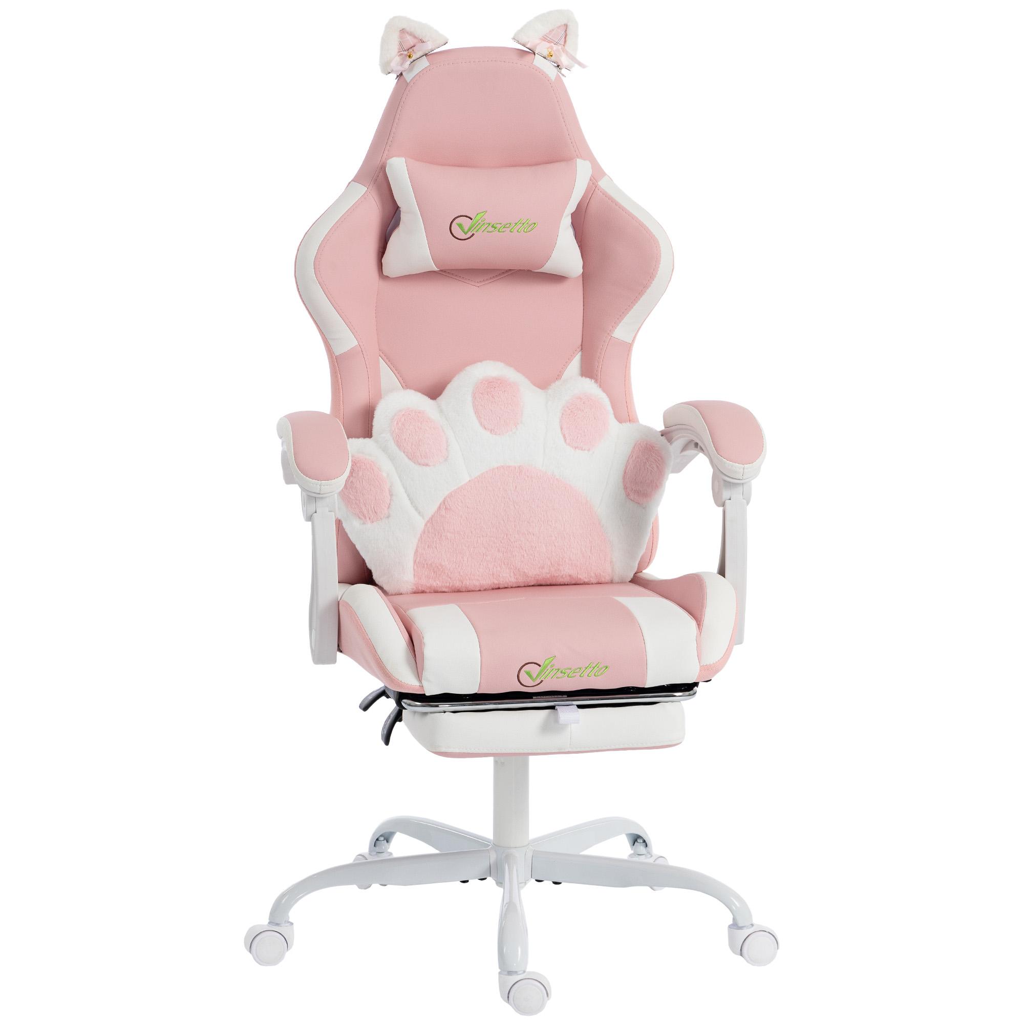 Cadeira Gaming com Orelhas de Gato, Encosto Reclinável 90 - 135°, Apoio para os Pés Retrátil, Almofada Lombar e Apoio de Cabeça - Rosa