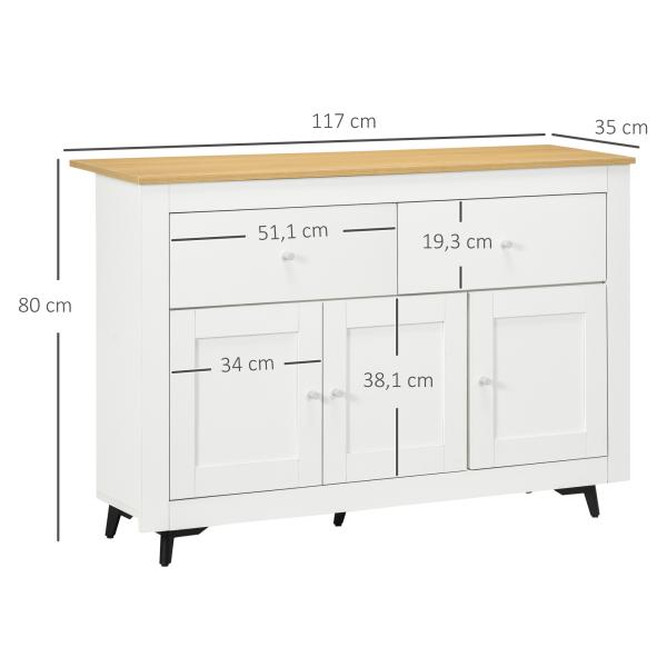 Aparador Móvel Auxiliar de Cozinha com 2 Gavetas 3 Portas e Prateleira Ajustável Móvel de TV de até 50 Polegadas 117x35x80 cm Branco e Madeira