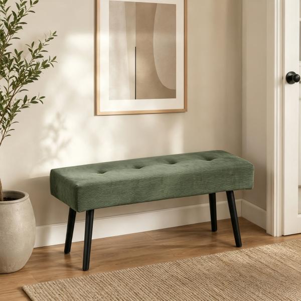 Banco de Pé de Cama em Bombazina com Assento Acolchoado, Design Capitoné e Pernas de Aço para Quarto Branco Verde