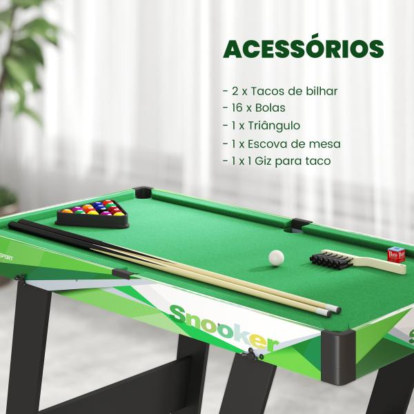 Mesa de Bilhar Dobrável com Acessórios Inclui 16 Bolas 2 Tacos Giz Triângulo e Escova 104x55,5x68 cm Verde