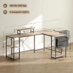 Secretária de Canto Reversível em L 168 - 240 cm Industrial com Suporte para Monitor e CPU, Prateleiras e Bolsa Lateral, Natural