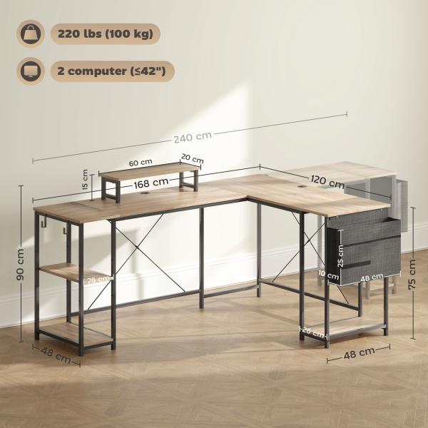 Secretária de Canto Reversível em L 168 - 240 cm Industrial com Suporte para Monitor e CPU, Prateleiras e Bolsa Lateral, Natural