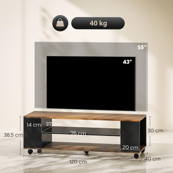 Móvel para TV com Rodas Armário para TV Flutuante com 2 Portas e 2 Prateleiras 120x40x38,5 cm Preto e Nogueira
