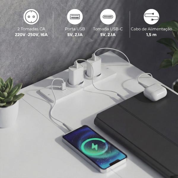 Secretária de Canto Reversível com 6 Gavetas 126x48 cm com Tomada de Energia Porta USB e USB - C Branco