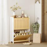 Sapateira Estreita com 2 Portas de Bambu Prateleiras Ajustáveis para 12 Pares de Sapatos 60x24x82,5 cm Branco e Madeira