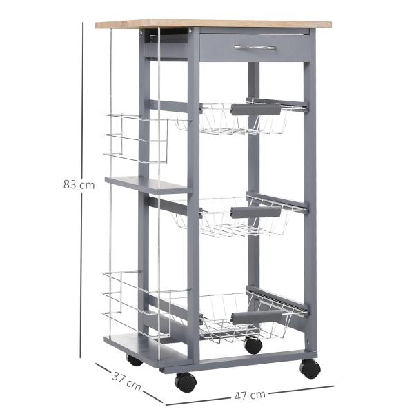 Carrinho Auxiliar com Rodas Carrinho de Cozinha com 3 Cestos Metálicos Gaveta 2 Suportes 47x37x83 cm Cinzento