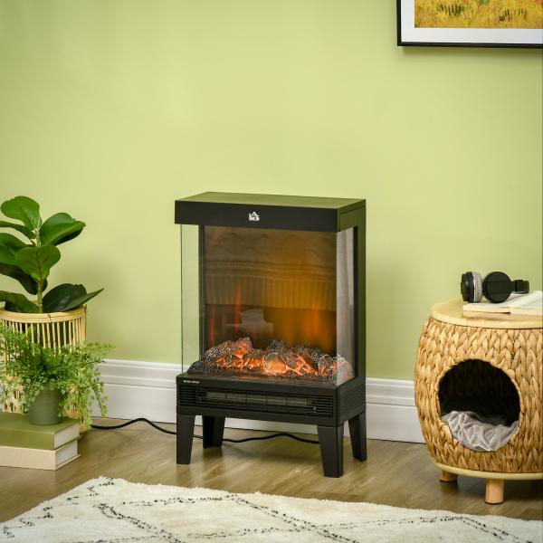 Lareira Elétrica 1000W/2000W com Chama LED Realista Termostato e Proteção Contra Superaquecimento 40,5x20x62cm Preto