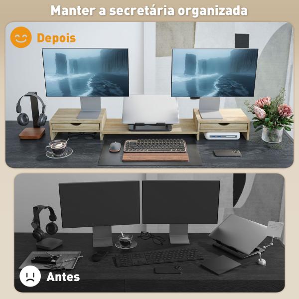 Suporte para Monitor com Ângulo e Comprimento Ajustável e 2 Gavetas para Escritório 60 - 116x22x12 cm Madeira