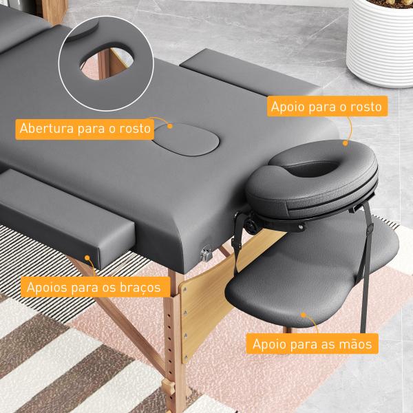 Marquesa de Massagem Dobrável Portátil com Altura Ajustável Apoio de Cabeça Apoios de Braço Acolchoados 215x60x64 - 89 cm Cinza