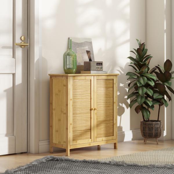 Aparador de Bambu de 2 Portas Aparador Boémio com 2 Prateleiras para Cozinha Entrada 60x27x67,5 cm Madeira
