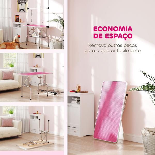 Mesa de Tosquia para Cães Dobrável Mesa de Higiene com Prateleira Metálica Superfície Antiderrapante 107x60x164 cm, Rosa