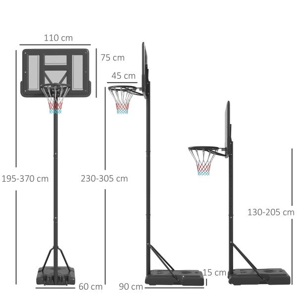 Tabela de Basquetebol com Altura Ajustável 230 - 305 cm para Piscina com Rodas e Base Preenchível 110x75x195 - 370 cm Preto