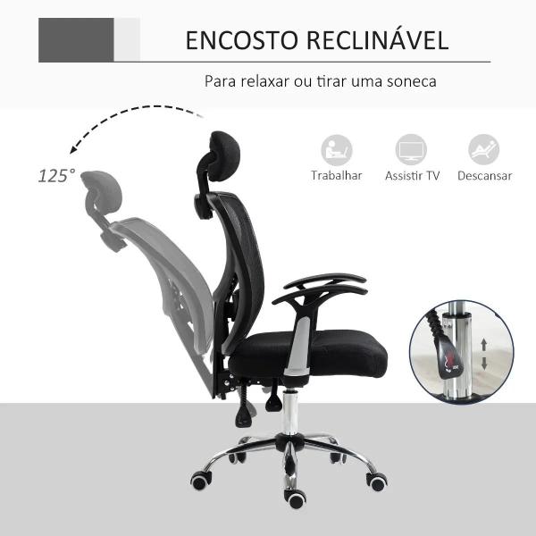 Cadeira de Escritório Ergonômica Cadeira de Escritório Giratória com Altura Ajustável Função Reclinável Apoio para a Cabeça e Suporte Lombar 65x67x108 - 118cm Preto