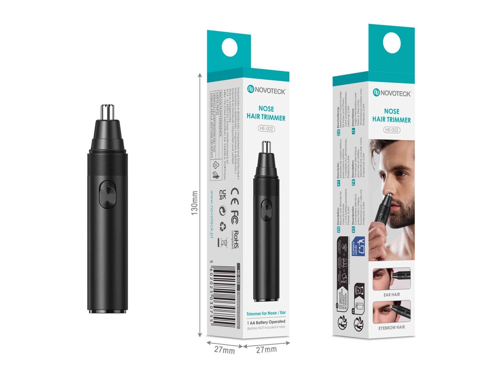 Aparador de Pêlos Nasais Novoteck HE-002 – Compacto e Silencioso, Para Nariz, Orelhas e Sobrancelhas, Operado a Pilha