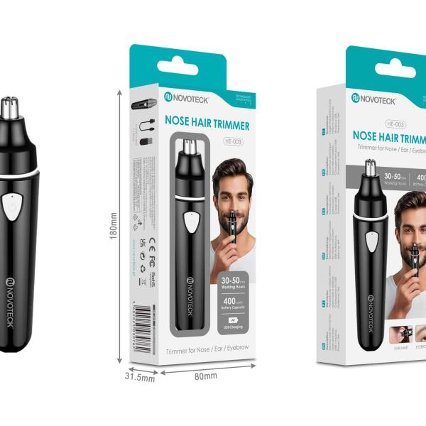 Aparador de Pêlos Nasais Novoteck HE - 003 – Recarregável via USB, Para Nariz, Orelhas e Sobrancelhas, 400mAh, 30 - 50h de Autonomia