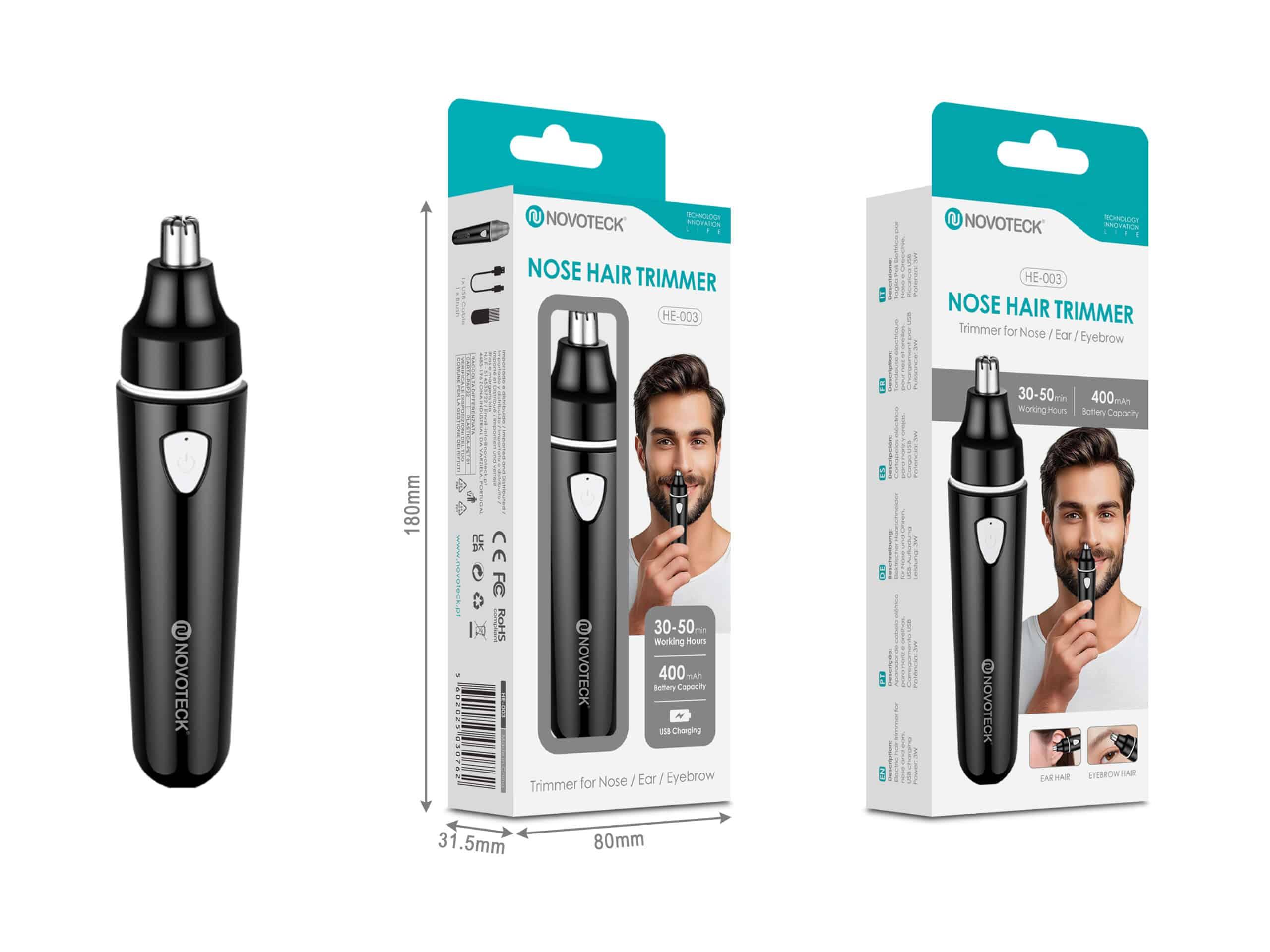 Aparador de Pêlos Nasais Novoteck HE - 003 – Recarregável via USB, Para Nariz, Orelhas e Sobrancelhas, 400mAh, 30 - 50h de Autonomia