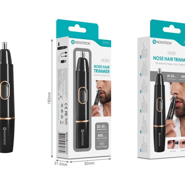Aparador de Pêlos Nasais Novoteck HE-004 – Recarregável USB-C, Para Nariz, Orelhas e Sobrancelhas, 400mAh, 30-50h de Autonomia