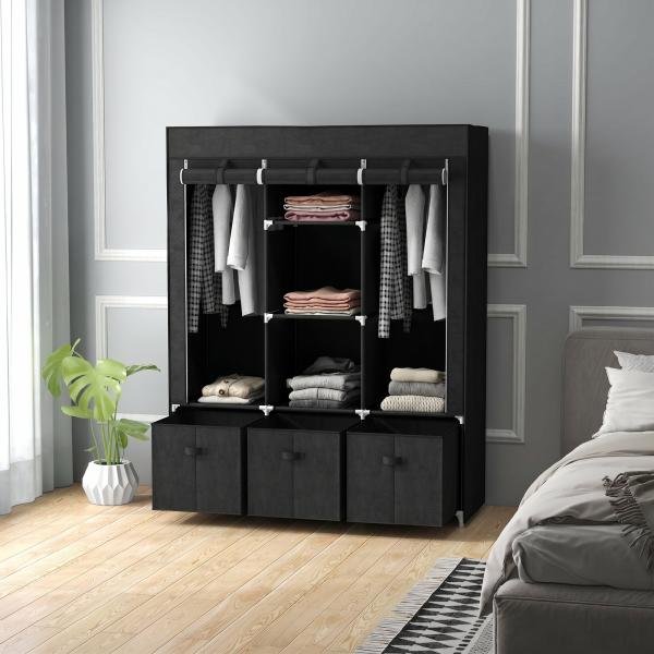 Roupeiro de Tecido com 2 Varões 5 Prateleiras 3 Gavetas Fecho de Correr Estrutura de Aço 125x43x162,5 cm Preto