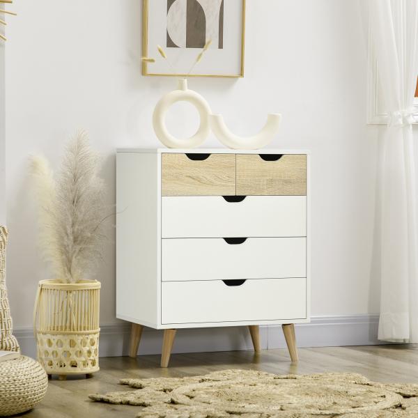 Cómoda com 5 Gavetas e Pés Elevados Cómoda para Dormitório Estilo Moderno Anti - Tombo 60x40x77,5cm Madeira e Branco