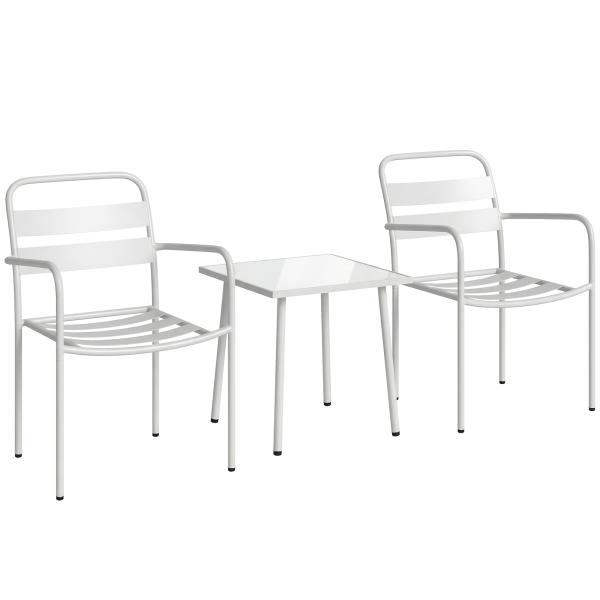 Conjunto de Jardim com 3 Peças em Aço Galvanizado com 2 Cadeiras e Mesa de Vidro Temperado Branco