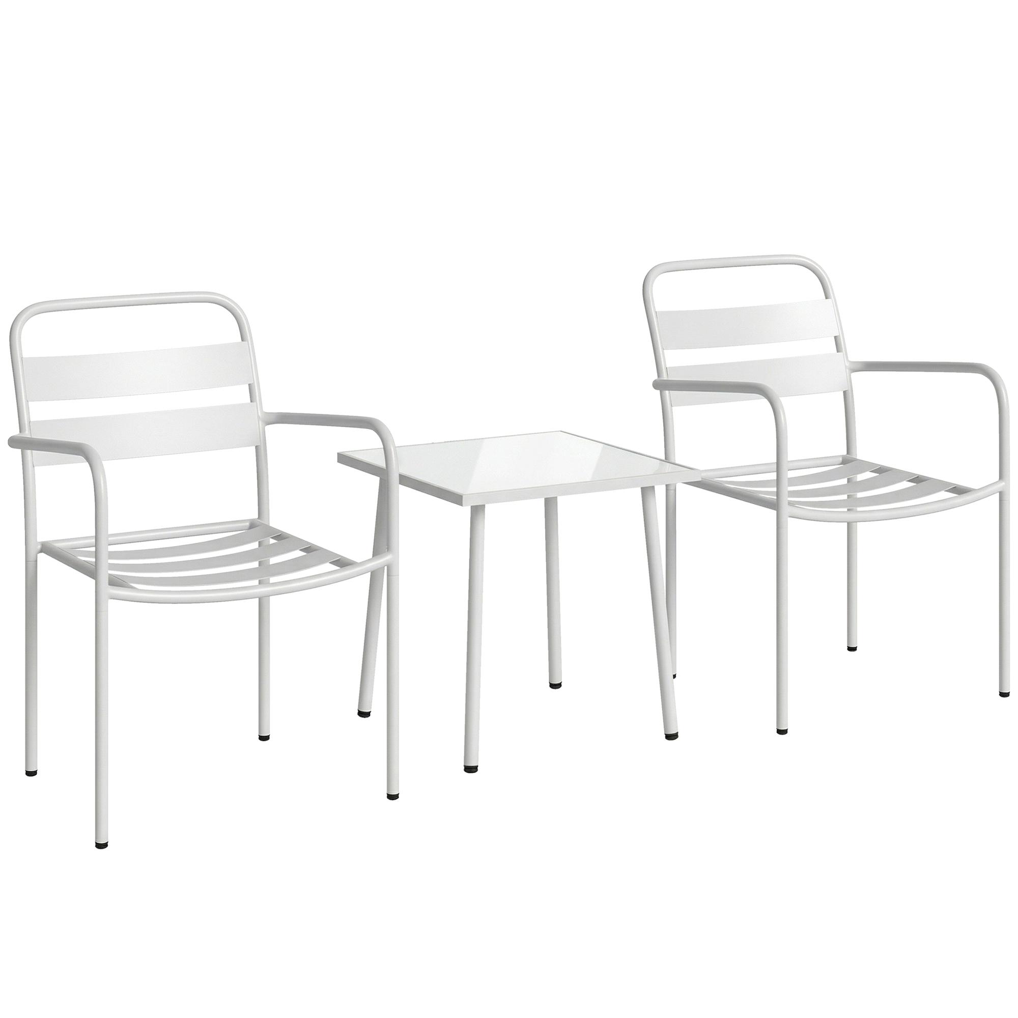 Conjunto de Jardim com 3 Peças em Aço Galvanizado com 2 Cadeiras e Mesa de Vidro Temperado Branco