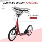 Trotinete com Guiador Ajustável 2 Pneus de Borracha Insufláveis com Travagem Dupla e Rodas 16" 139x58x90 - 96 cm Vermelho
