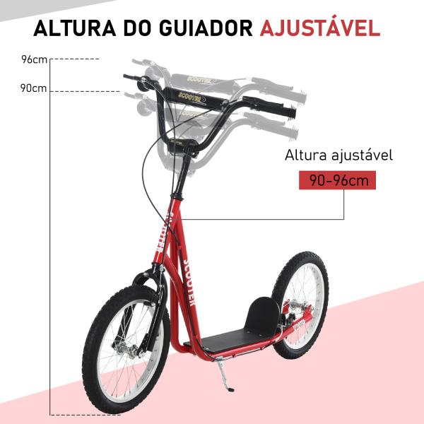 Trotinete com Guiador Ajustável 2 Pneus de Borracha Insufláveis com Travagem Dupla e Rodas 16" 139x58x90 - 96 cm Vermelho