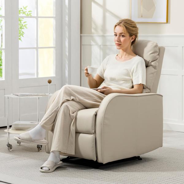 Poltrona Relax Reclinável Manual Revestida em PU com Apoio de Pés Retrátil Poltrona Reclinável até 160º 65x89x100 cm Creme