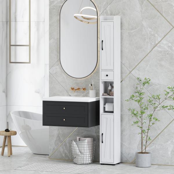 Coluna Casa de Banho com Compartimento Aberto Prateleiras Ajustáveis e Suporte para Papel Higiênico 20x20x185 cm Branco