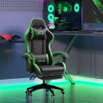 Cadeira Gaming Reclinável até 135° com Suporte Lombar Altura Ajustável Almofada de Cabeça e Apoio para os Pés Retrátil 65x65x121 - 129 cm Preto e Verde