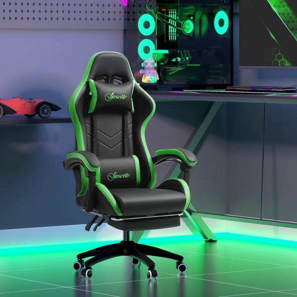 Cadeira Gaming Reclinável até 135° com Suporte Lombar Altura Ajustável Almofada de Cabeça e Apoio para os Pés Retrátil 65x65x121 - 129 cm Preto e Verde