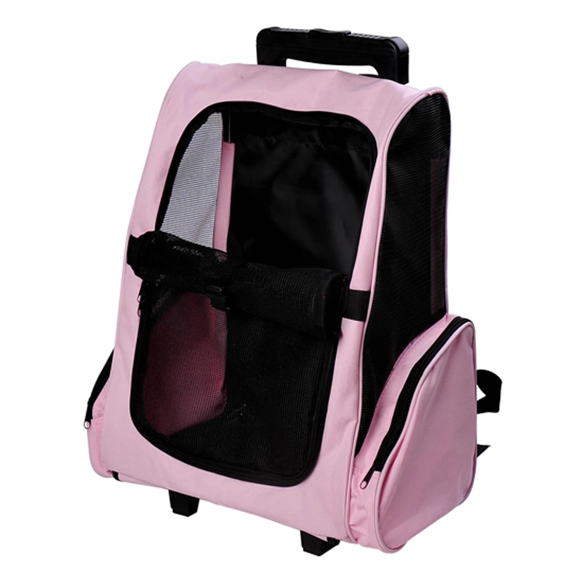 Transportadora 2 em 1 para Animais de Estimação Mochila ou Carrinho de Viagem para Cães e Gatos com 2 Rodas Alça Retrátil de Alumínio e Bolso de Armazenamento 42x25x55cm Rosa
