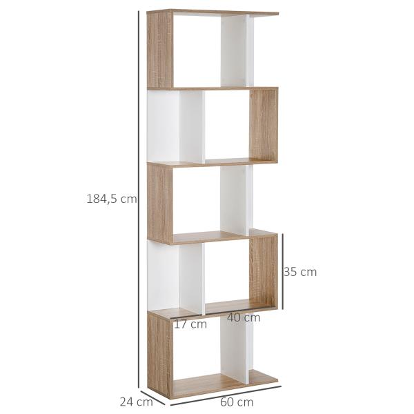 Estante para Livros Estante Alta de Parede com 5 Níveis em Forma de S Desenho Moderno 60x24x184,5cm Branco e Madeira