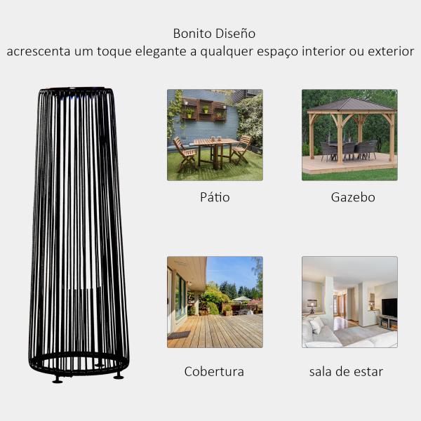 Candeeiro Solar de Vime de Energia Solar com LED 1,5 W Interruptor de Controle Automático de Luz Ø21,5x61cm Preto